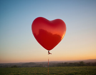 Fototapeta premium A lone red heart-shaped balloon basks in the golden sunlight against a clear sky, symbolizing love and hope. 