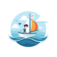 Vector illustration of a boy sailing on a sailboat in the sea.