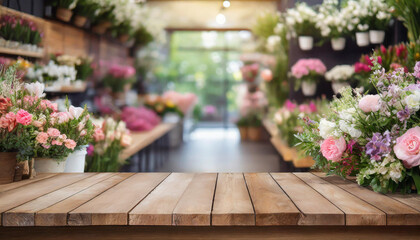 Fototapeta na wymiar wooden table, empty and inviting, set against a vibrant, blurred flower shop backdrop - a versatile stock photo for diverse creative concepts
