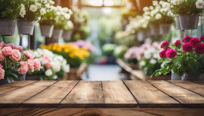 wooden table, empty and inviting, set against a vibrant, blurred flower shop backdrop - a versatile stock photo for diverse creative concepts