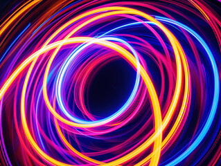 Capturing graceful motion, a mesmerizing photograph showcases neon circles in a long exposure shot, beautifully depicting vibrant lights in an abstract painting like slow shutter speed was used.