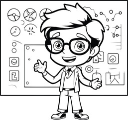 Black and White Cartoon Illustration of a Kid Boy Student or Elementary School Teacher with Diagrams on the Background Coloring Book