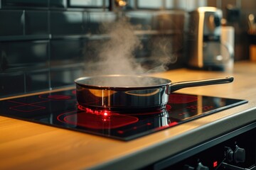 A pot on a stove emitting steam. Perfect for cooking and kitchen-themed projects