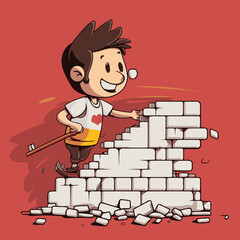 Cartoon boy building a brick wall with a hammer. Vector illustration.