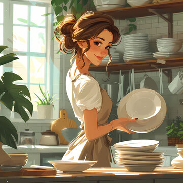 A cartoon of a housewife washing dishes in a kitchen