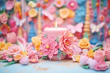Obraz na płótnie Canvas blossom shaped pink candle among fake flowers