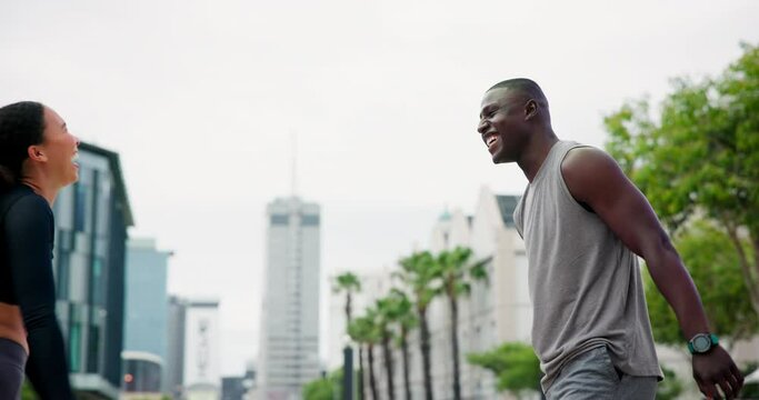 Exercise, high five and jump with couple of friends outdoor in city for success, support or motivation. Winner, fitness or training with exited man and woman together for complete workout celebration