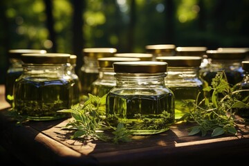 Glass jars with herbal tinctures - obrazy, fototapety, plakaty