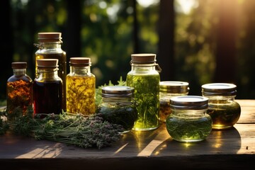 Making herbal tincture from fresh yarrow flowers and alcohol. Glass jars with herbal tinctures - obrazy, fototapety, plakaty