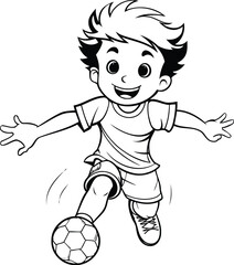 Boy playing soccer cartoon vector illustration. Coloring book for children.