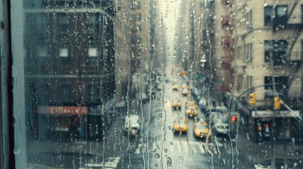 Vintage urban view through a window on a rainy day.