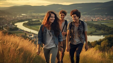Lifestyle of young adult carefree people traveling together enjoyment cheerful laughing, trekking hiking adventure in countryside, tourists friendship bonding outdoor activities, sunset in summer
