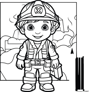 Black and White Cartoon Illustration of Little Fireman or Fireman Character for Coloring Book