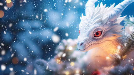 Obraz premium Banner with white dragon with bokeh winter snow background. Chinese New Year decoration close up of dancing dragon on festive background