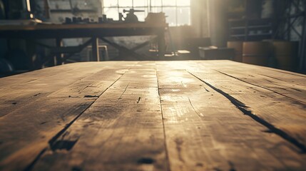 Vintage wooden table and workshop setting captured in a retro-style photo with a mix of natural...