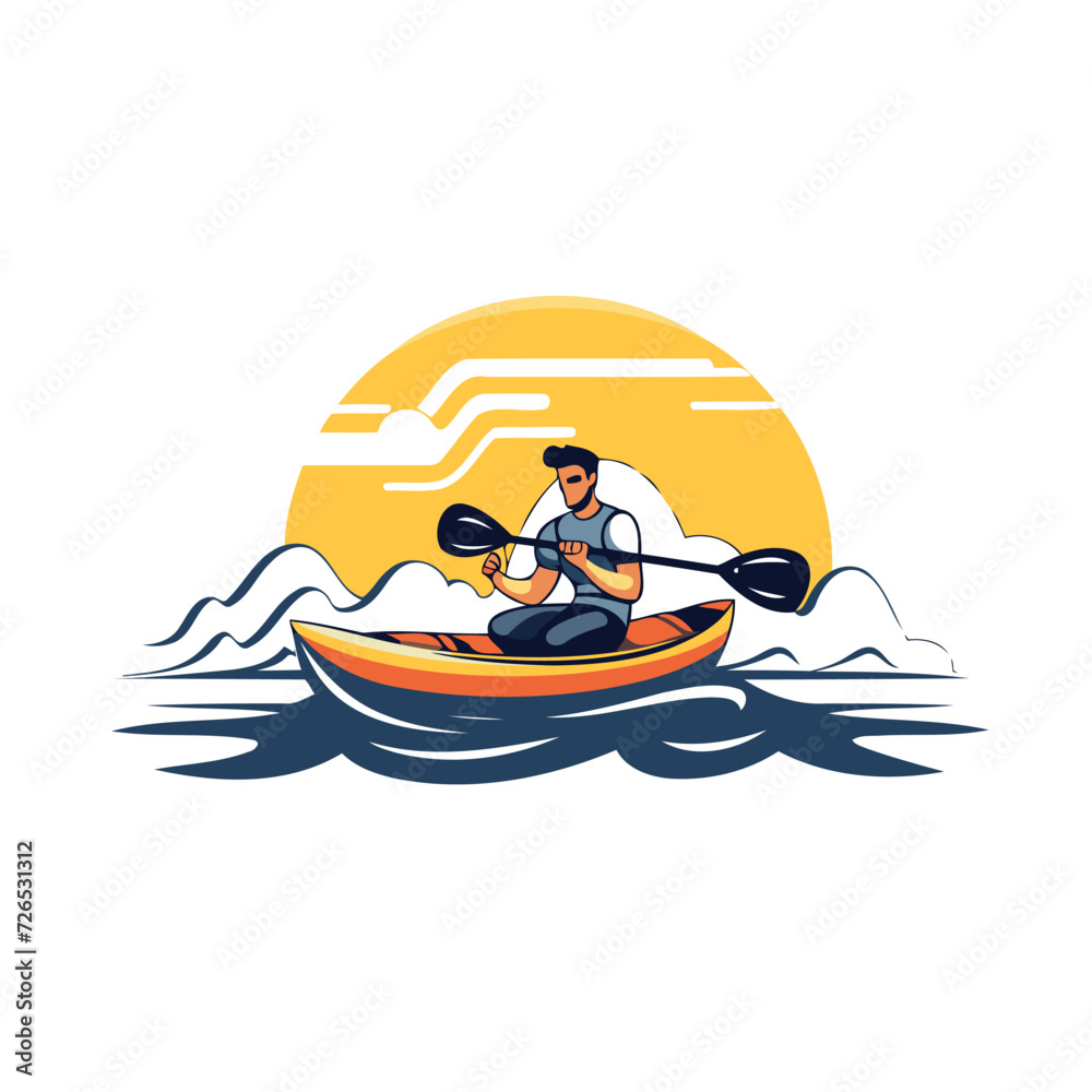 Wall mural man paddling a kayak on the sunset. vector illustration.