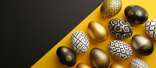 Top view Easter card with copy space, featuring golden, black, and white eggs adorned with a geometric pattern on a yellow and black backdrop.