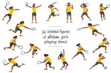 16 girl figures of dark-skinned women's tennis players in yellow T-shirts throwing, catching, hitting the ball, standing, jumping and running