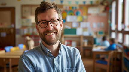 portrait of a handsome male Montessori kindergarten teacher in a kindergarten, candid smile - obrazy, fototapety, plakaty
