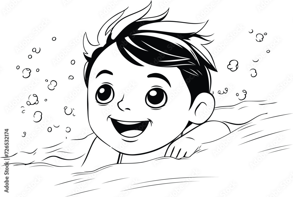 Poster boy swimming in the pool. black and white vector cartoon illustration.