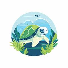 Turtle on the background of the sea. Vector illustration in flat style.