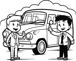 Schoolboy and bus - Black and White Cartoon Illustration. Vector