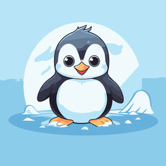 Cute cartoon penguin on ice. Vector illustration in cartoon style.