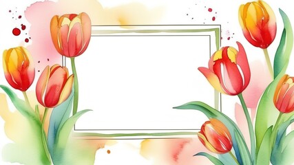 Watercolor tulips flowers frame easter womans day mothers card template background banner spring