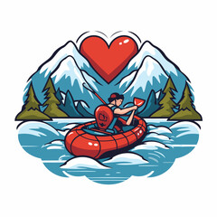 Couple on inflatable boat with heart in the water. Vector illustration.