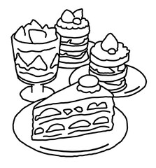 Sweet dessert cake with fruits for celebration birthday party or wedding, tasty breakfast. For cafe, restaurant menu print, postcard or poster. Hand drawn illustration. Cartoon style line art drawing.