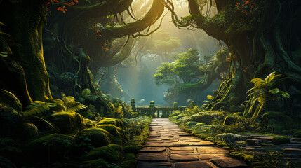 Mystical forest pathway under a canopy of lush greenery, bathed in the ethereal sunlight piercing through the morning mist - obrazy, fototapety, plakaty