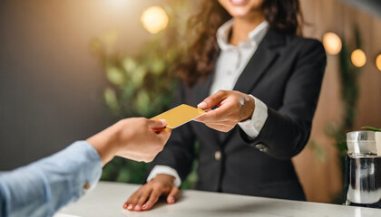 hands passing credit card from customer to receptionist, symbolizing secure transactions and financial interactions in a modern business setting