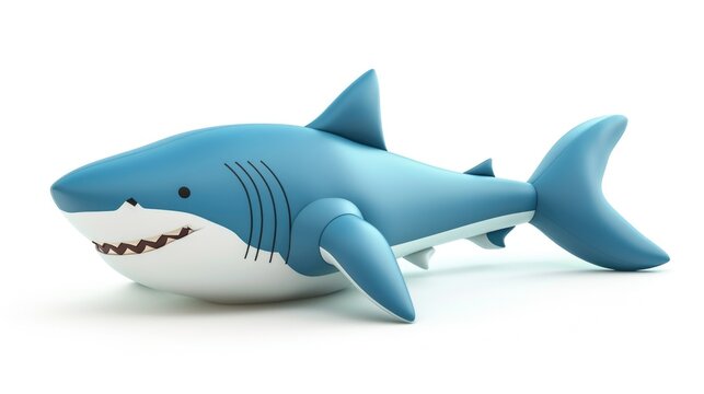A blue and white shark toy on a white surface. Funny cute inflatable toy on white background.