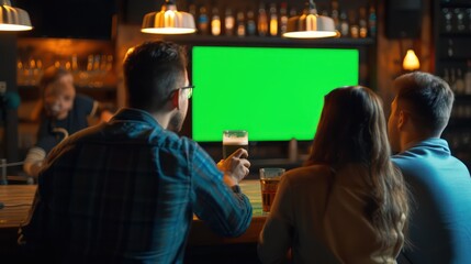 three men at a bar with a green screen and beer on tap, in the style of use of screen tones, - obrazy, fototapety, plakaty