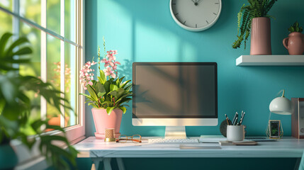 Home Office, flexibility of working from home, Green pastels color.