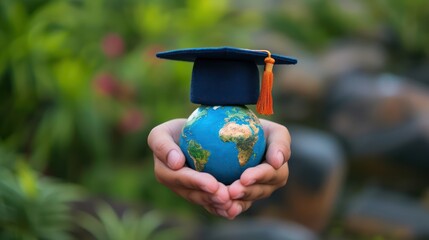 boy holding earth globe in graduation caps with bright green grassy background