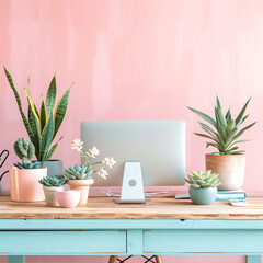 Home Office, flexibility of working from home, pink pastels color.