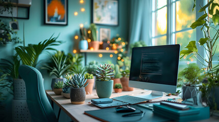 Home Office, flexibility of working from home, pastels color, cute succulents.