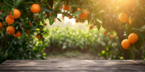 Empty wooden table with free space, orange trees, and orange field background.