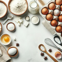 Baking ingredients at white table. Flour, sugar, eggs and utensils. Top view with copy space