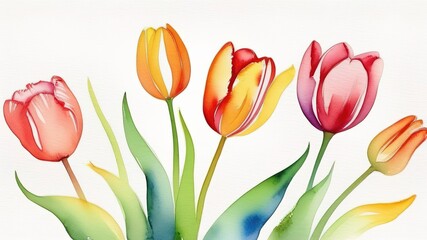 Fototapeta premium Watercolor tulips flowers frame easter womans day mothers card template background banner spring