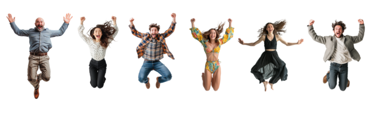 Collection, a bundle of happy people jumping for joy isolated on transparent white background