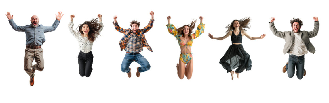 Collection, a bundle of happy people jumping for joy isolated on transparent white background