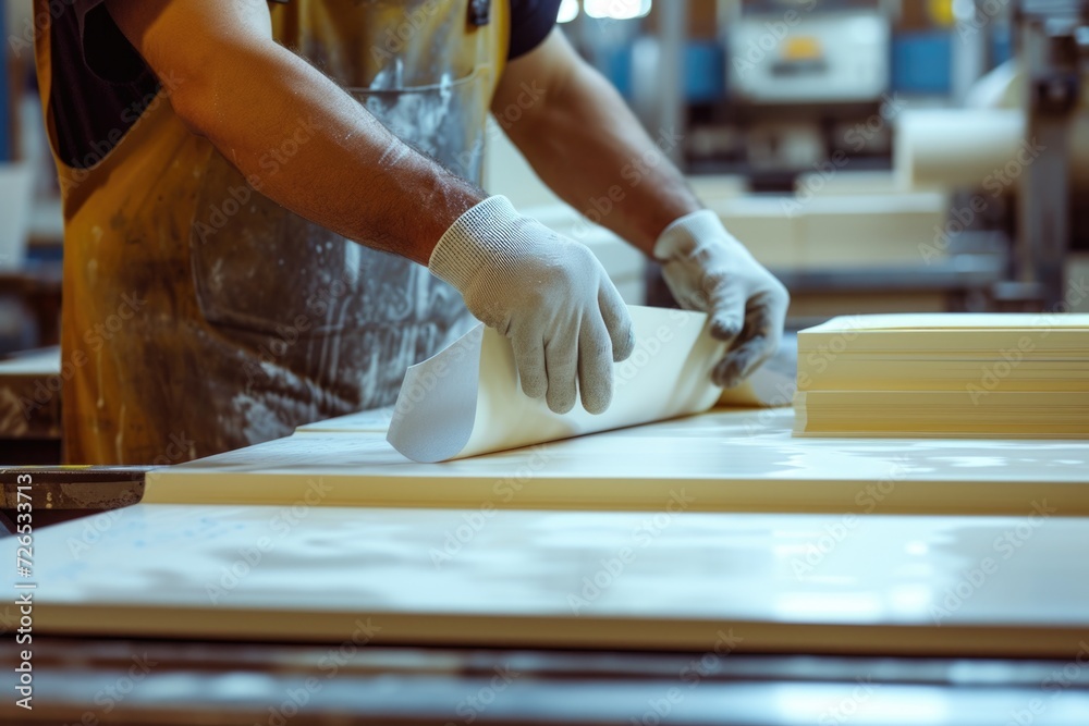Poster a man wearing an apron creating a paper craft. suitable for diy projects and arts and crafts themes