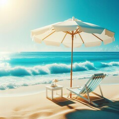 bright blue sea beach with white umbrella and beach chair for relaxing in summer in sunny day