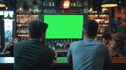 bar background with men watching green screen - obrazy, fototapety, plakaty