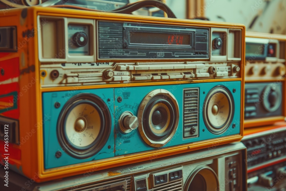 Poster a group of old-fashioned radios stacked on top of each other. perfect for nostalgic designs and retr