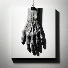 One old hand hangs from the top of the image in black and white