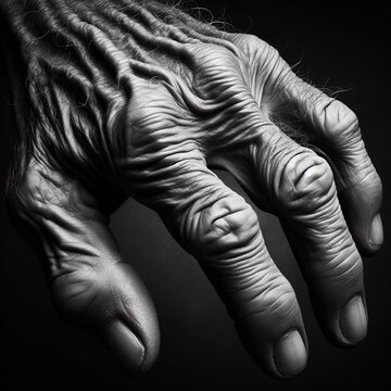One old hand hangs from the top of the image in black and white