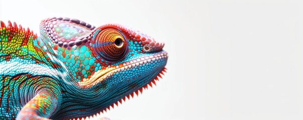 a colorful chameleon is looking at the camera from the side